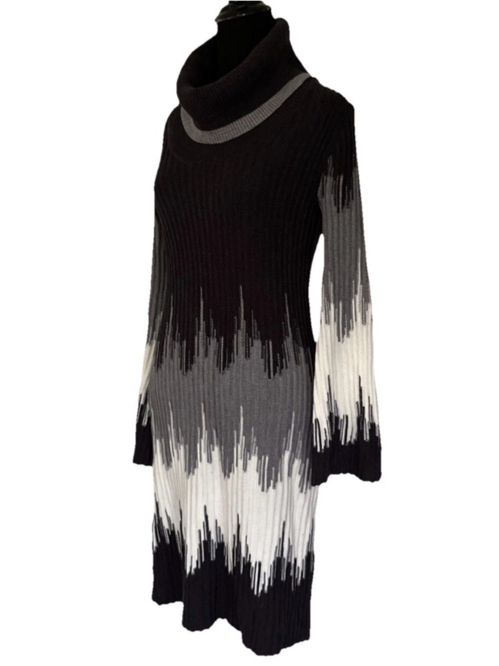 Sandra Darren Ombre Whimsigoth Ribbed Cowl Sweater Knit Dress Monochrome